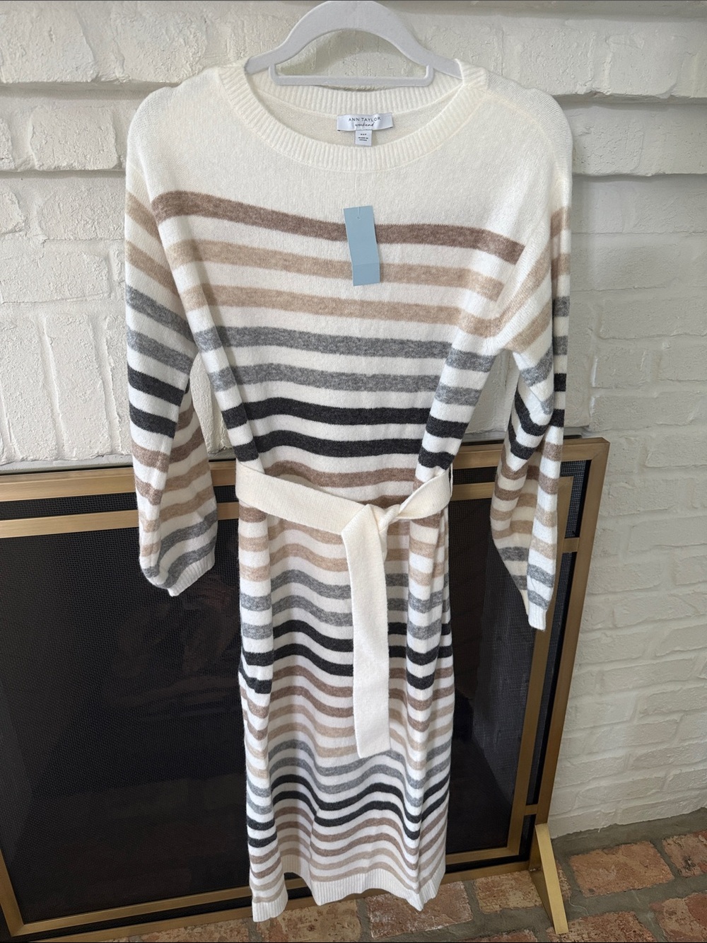 Ann Taylor Striped Sweater Belted Maxi Dress in Cream, Taupe & Gray